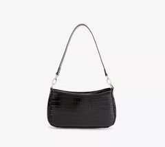 Crocodile Effect Leather Shoulder Handbag Black-Embossed