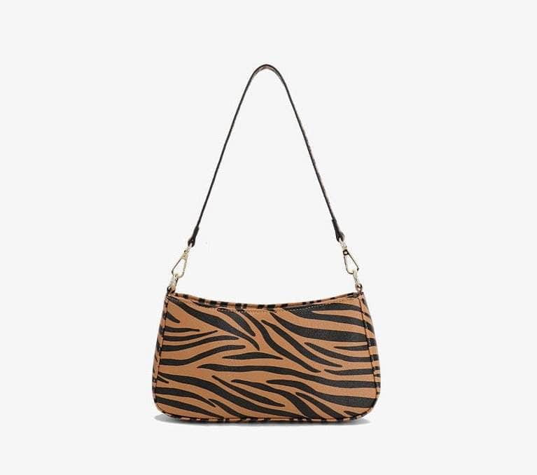 Crocodile Effect Leather Shoulder Handbag Brown-Wild Stripes