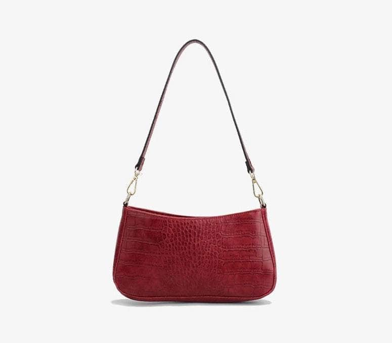 Crocodile Effect Leather Shoulder Handbag Red-Embossed