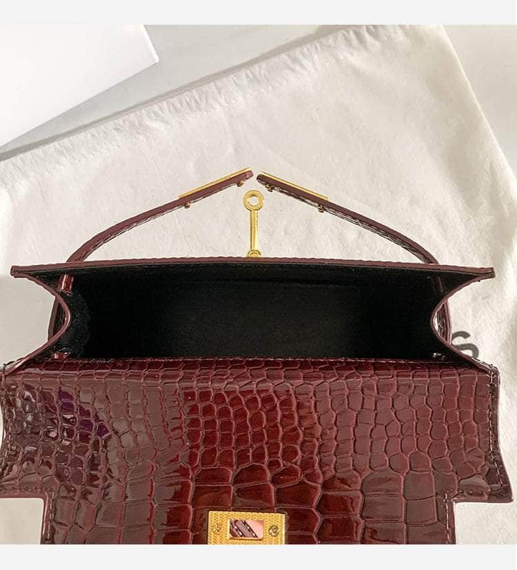 Crocodile Patent Leather Bag with Golden Hardware