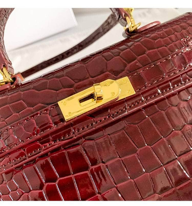 Crocodile Patent Leather Bag with Golden Hardware