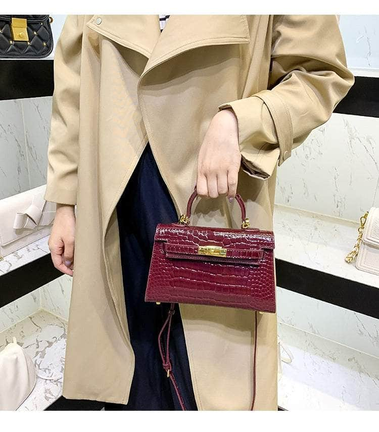 Crocodile Patent Leather Bag with Golden Hardware