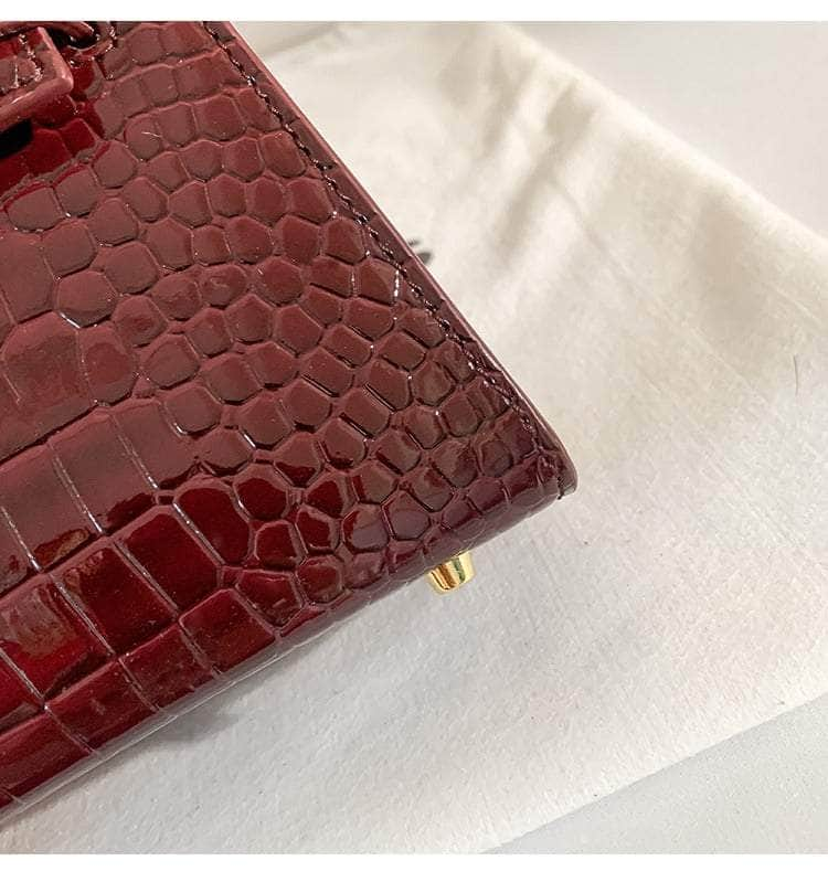 Crocodile Patent Leather Bag with Golden Hardware