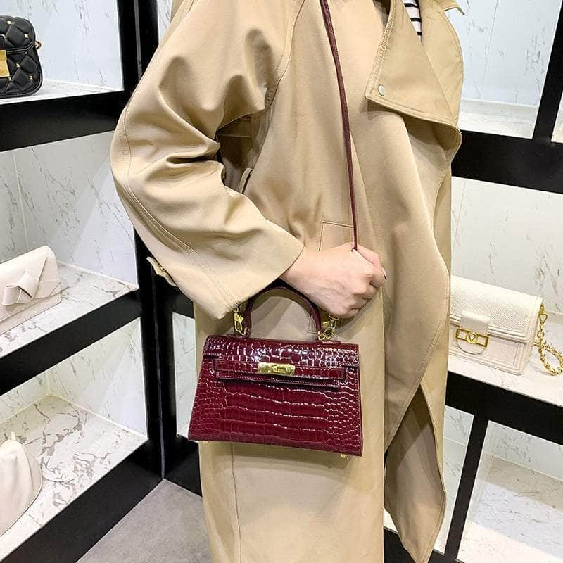 Crocodile Patent Leather Bag with Golden Hardware