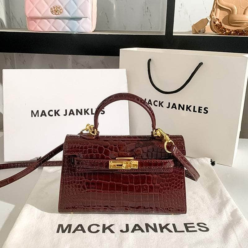 Crocodile Patent Leather Bag with Golden Hardware Burgundy