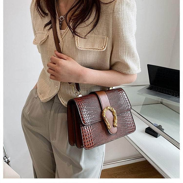 Crocodile Patterned Crossbody Leather Handbag