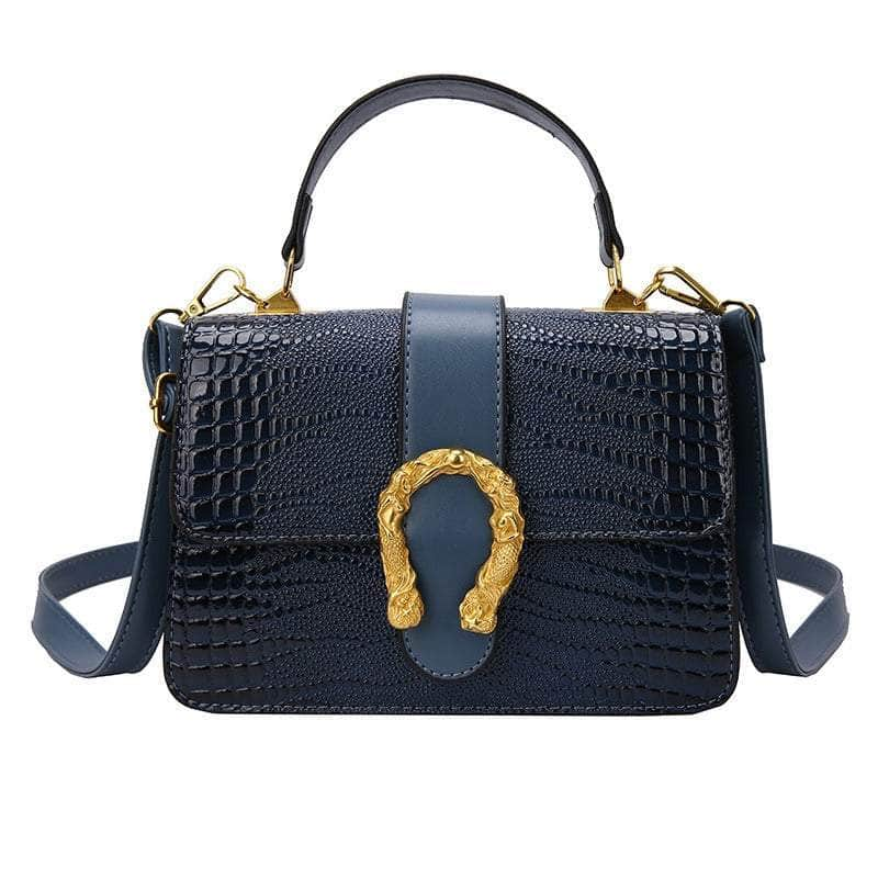 Crocodile Patterned Crossbody Leather Handbag Blue