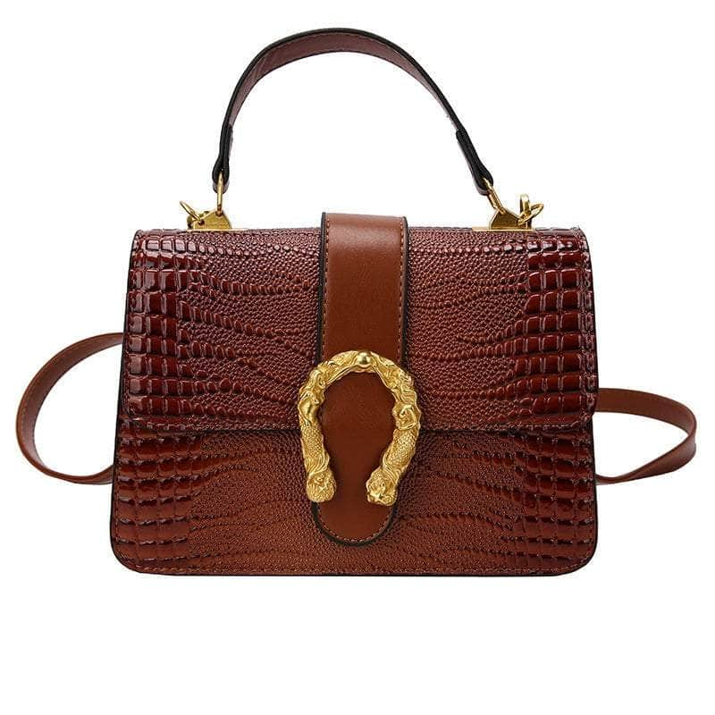 Crocodile Patterned Crossbody Leather Handbag Brown