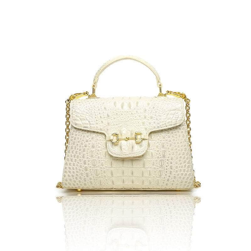 Crocodile Shoulder Handbag with Leather Top Handle White