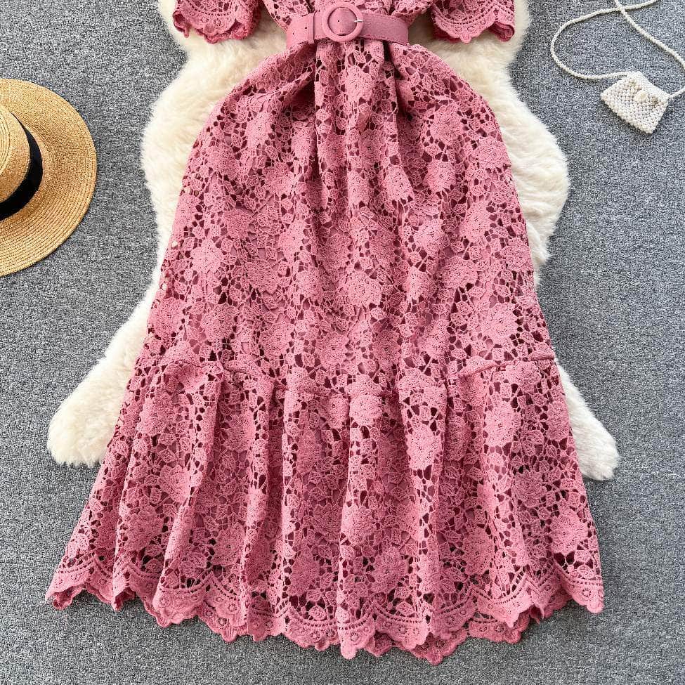 Crotchet Hollow Lace Floral Belted Midi Dress