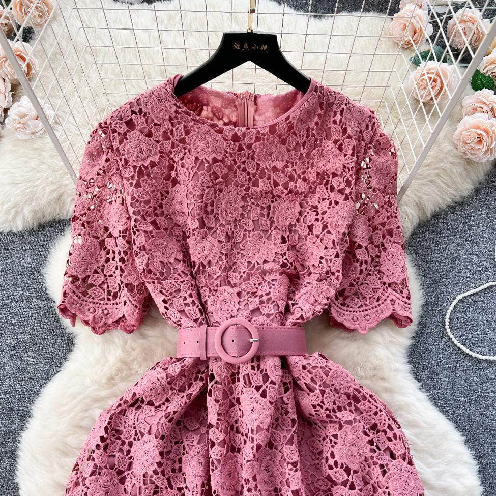 Crotchet Hollow Lace Floral Belted Midi Dress