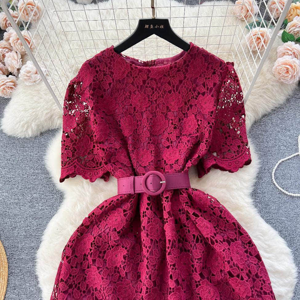 Crotchet Hollow Lace Floral Belted Midi Dress