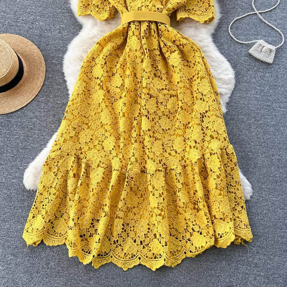 Crotchet Hollow Lace Floral Belted Midi Dress