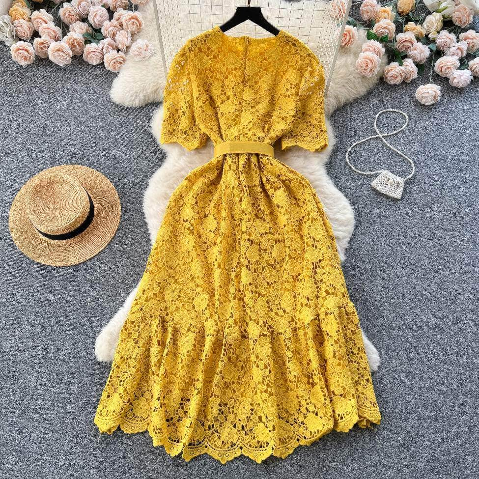 Crotchet Hollow Lace Floral Belted Midi Dress