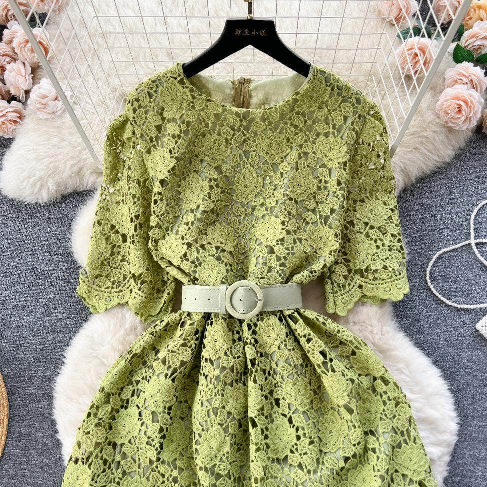 Crotchet Hollow Lace Floral Belted Midi Dress