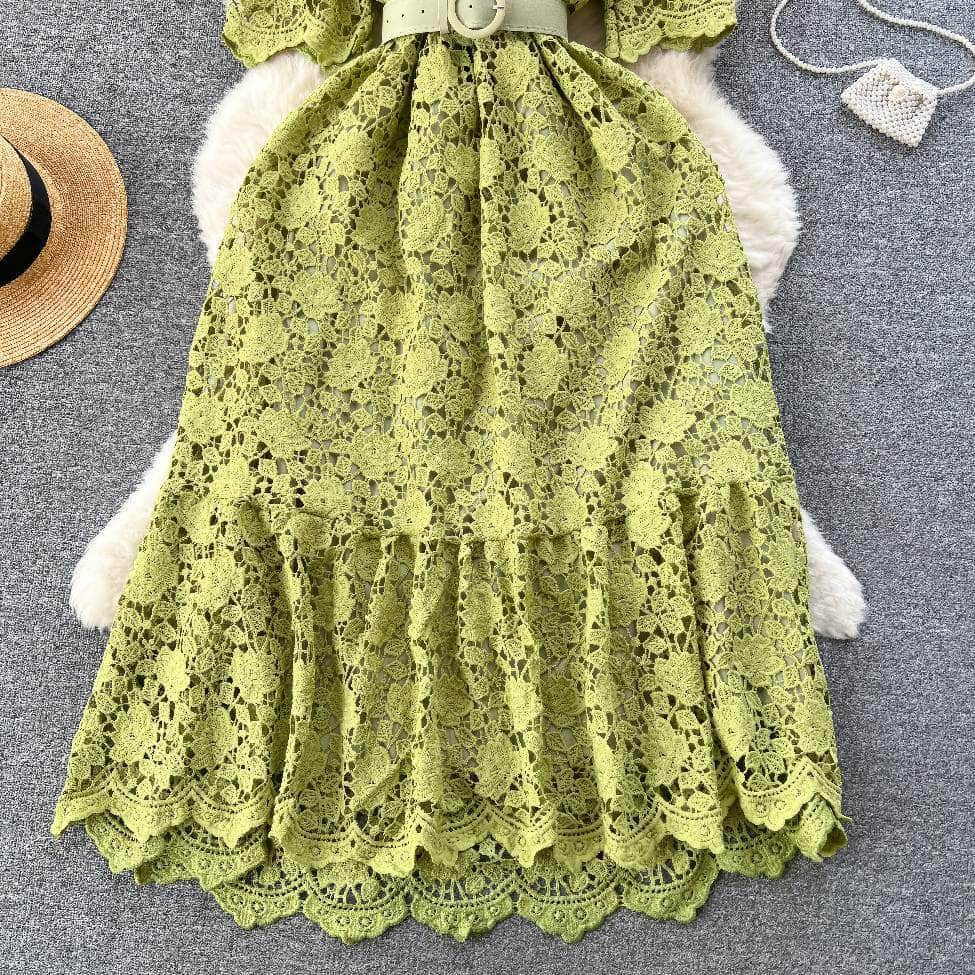 Crotchet Hollow Lace Floral Belted Midi Dress