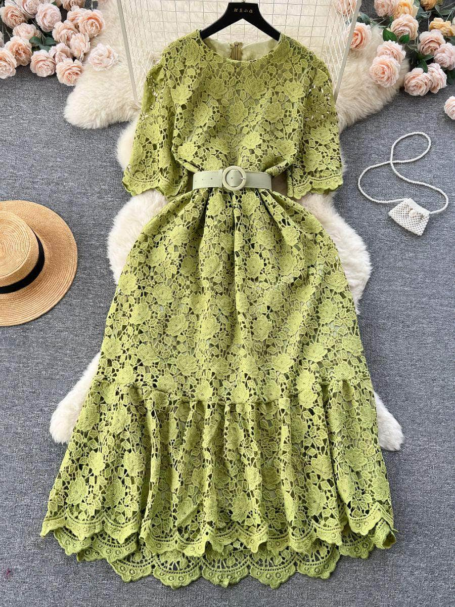 Crotchet Hollow Lace Floral Belted Midi Dress MAX Size / Green / With Belt