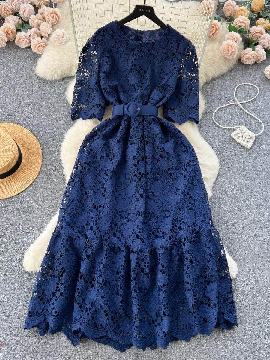 Crotchet Hollow Lace Floral Belted Midi Dress MAX Size / Navy / With Belt