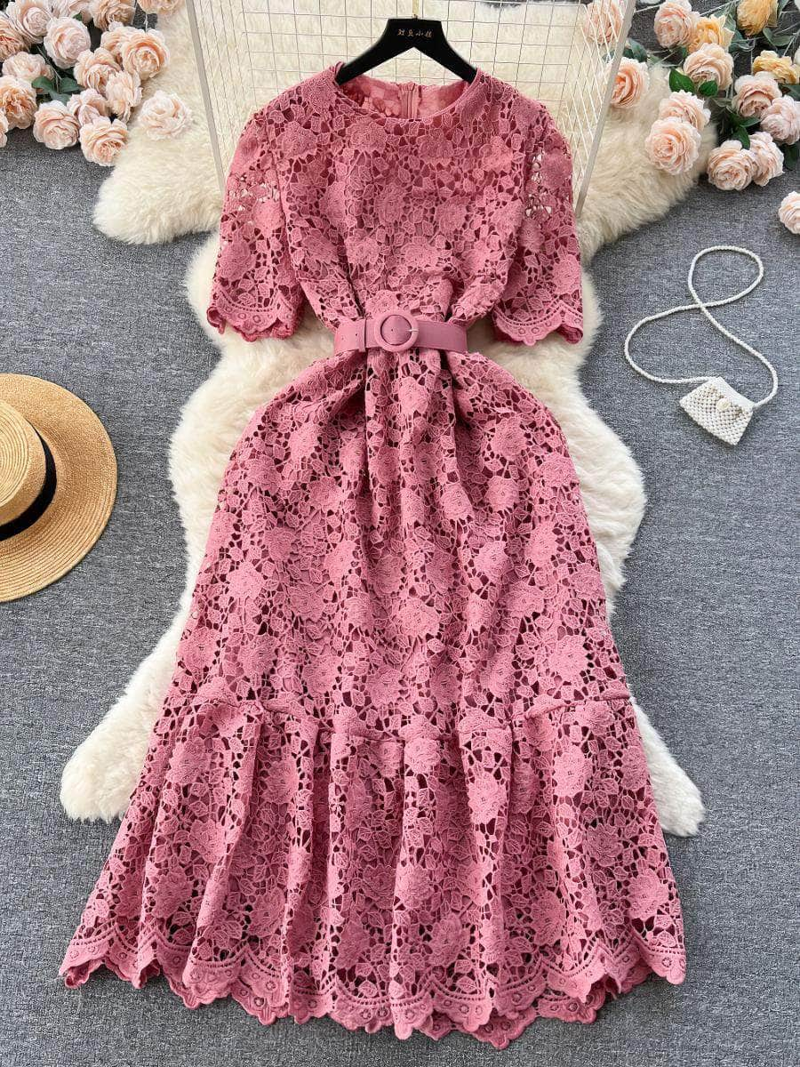 Crotchet Hollow Lace Floral Belted Midi Dress MAX Size / Pink / With Belt