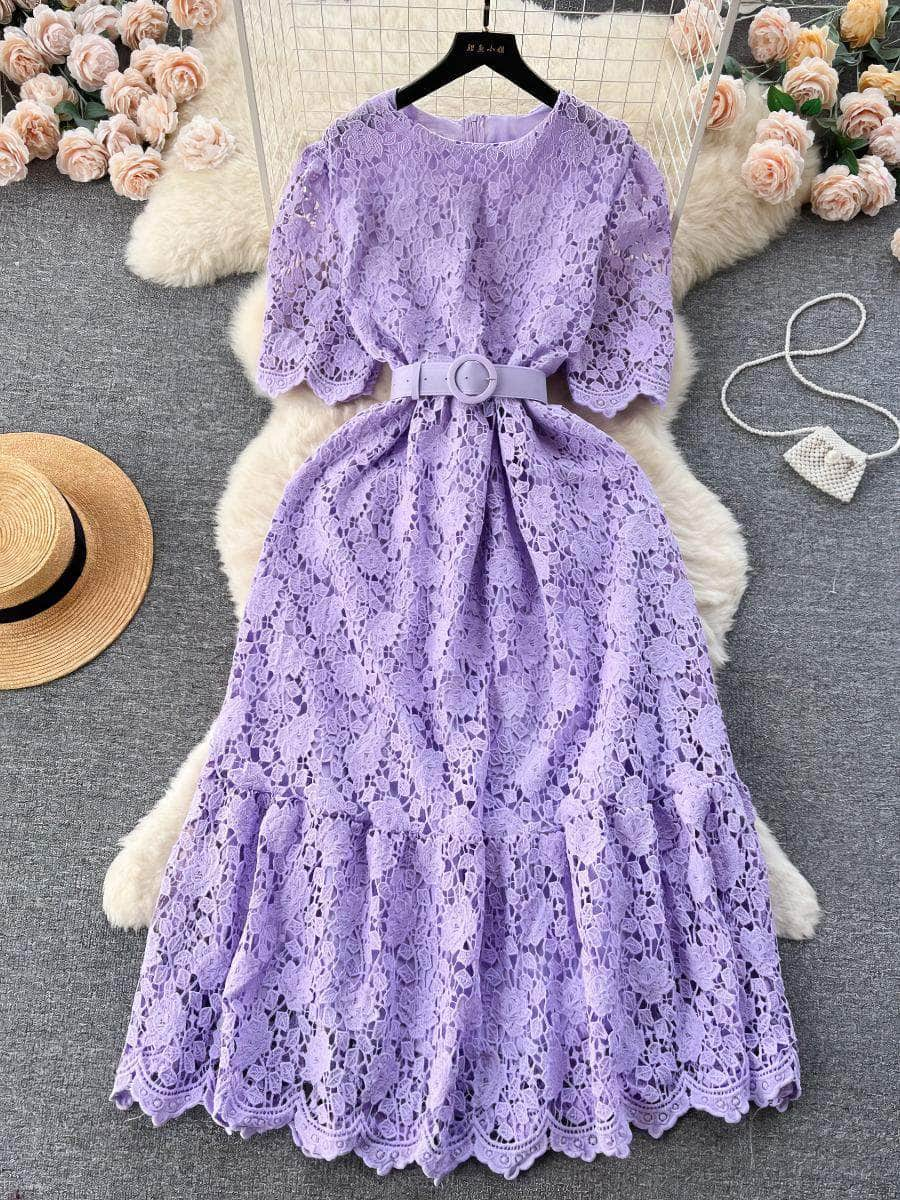 Crotchet Hollow Lace Floral Belted Midi Dress MAX Size / Plum / With Belt