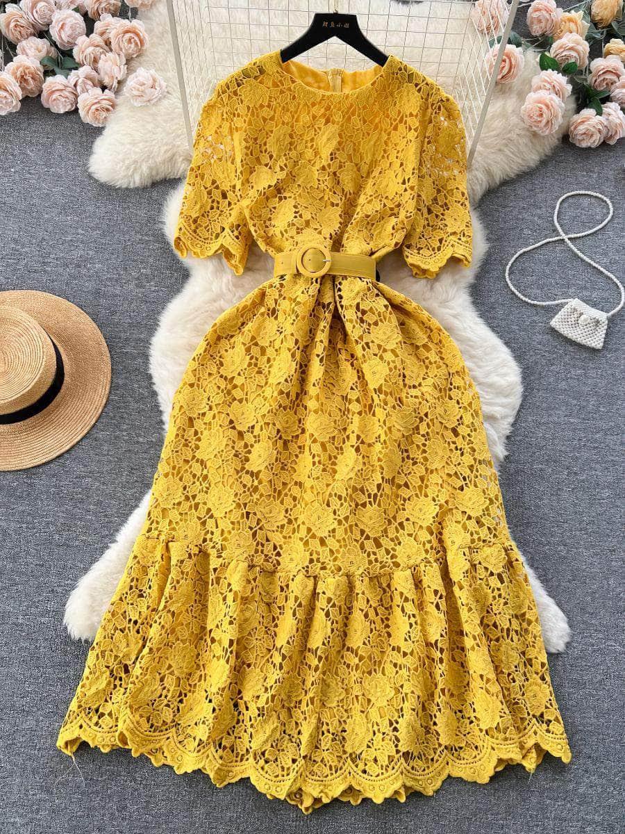 Crotchet Hollow Lace Floral Belted Midi Dress MAX Size / Yellow / With Belt