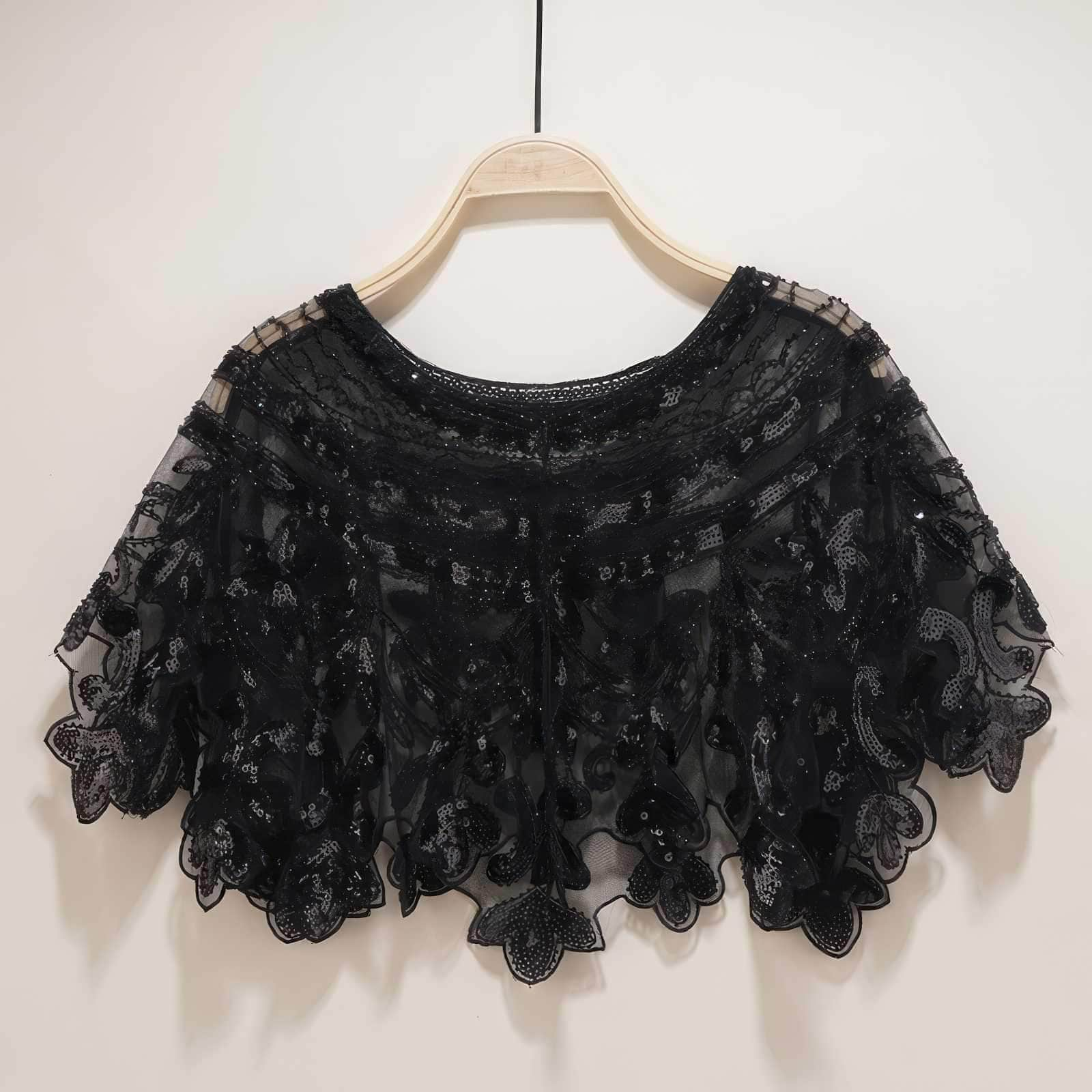 Crystal Beaded Cape Collar Top S / Black