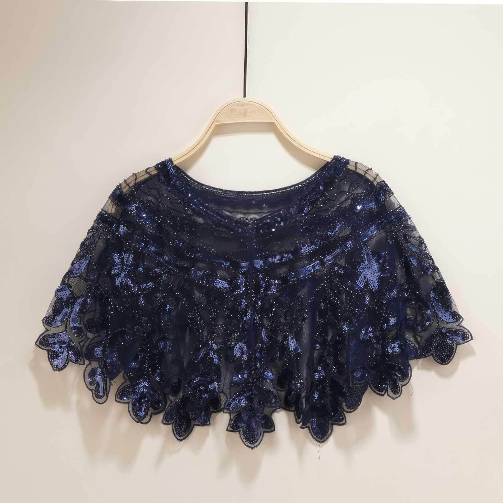 Crystal Beaded Cape Collar Top S / Blue