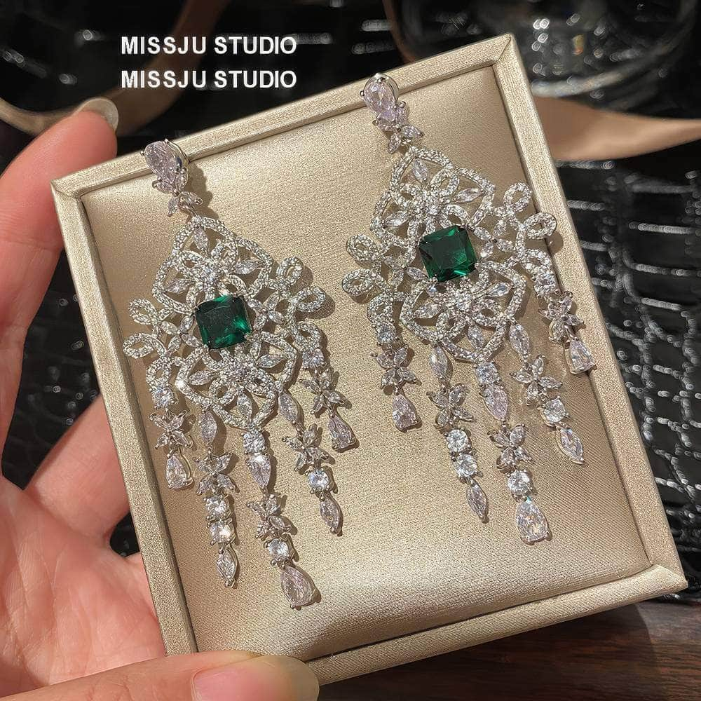 Crystal Chandelier Emerald Tassel Drop Earrings Green