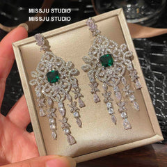 Crystal Chandelier Emerald Tassel Drop Earrings Green