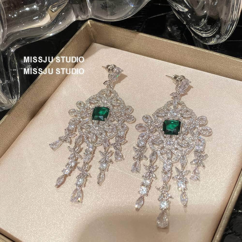 Crystal Chandelier Emerald Tassel Drop Earrings Green