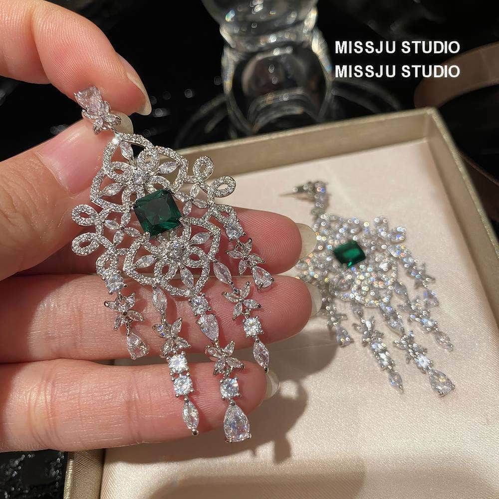 Crystal Chandelier Emerald Tassel Drop Earrings Green