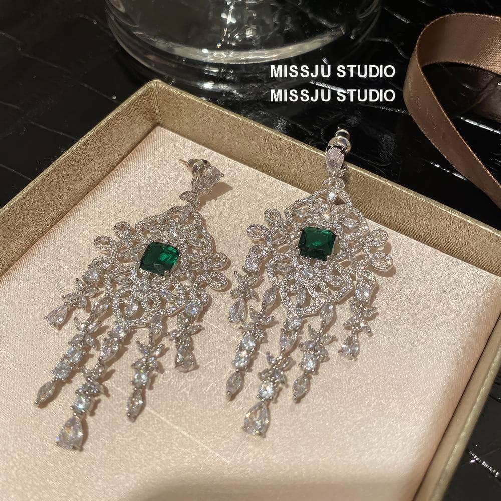 Crystal Chandelier Emerald Tassel Drop Earrings Green