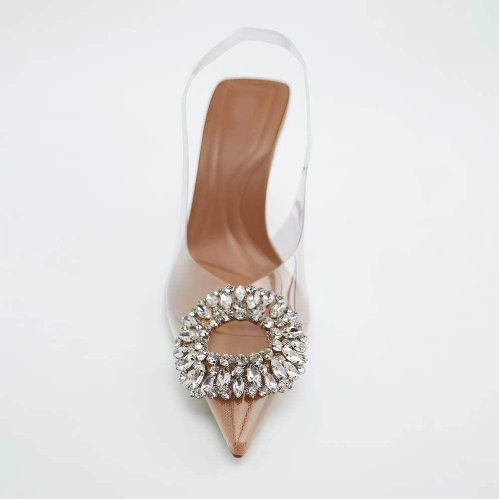 Crystal Embellished Pointy Toes Ankle Strap Heels