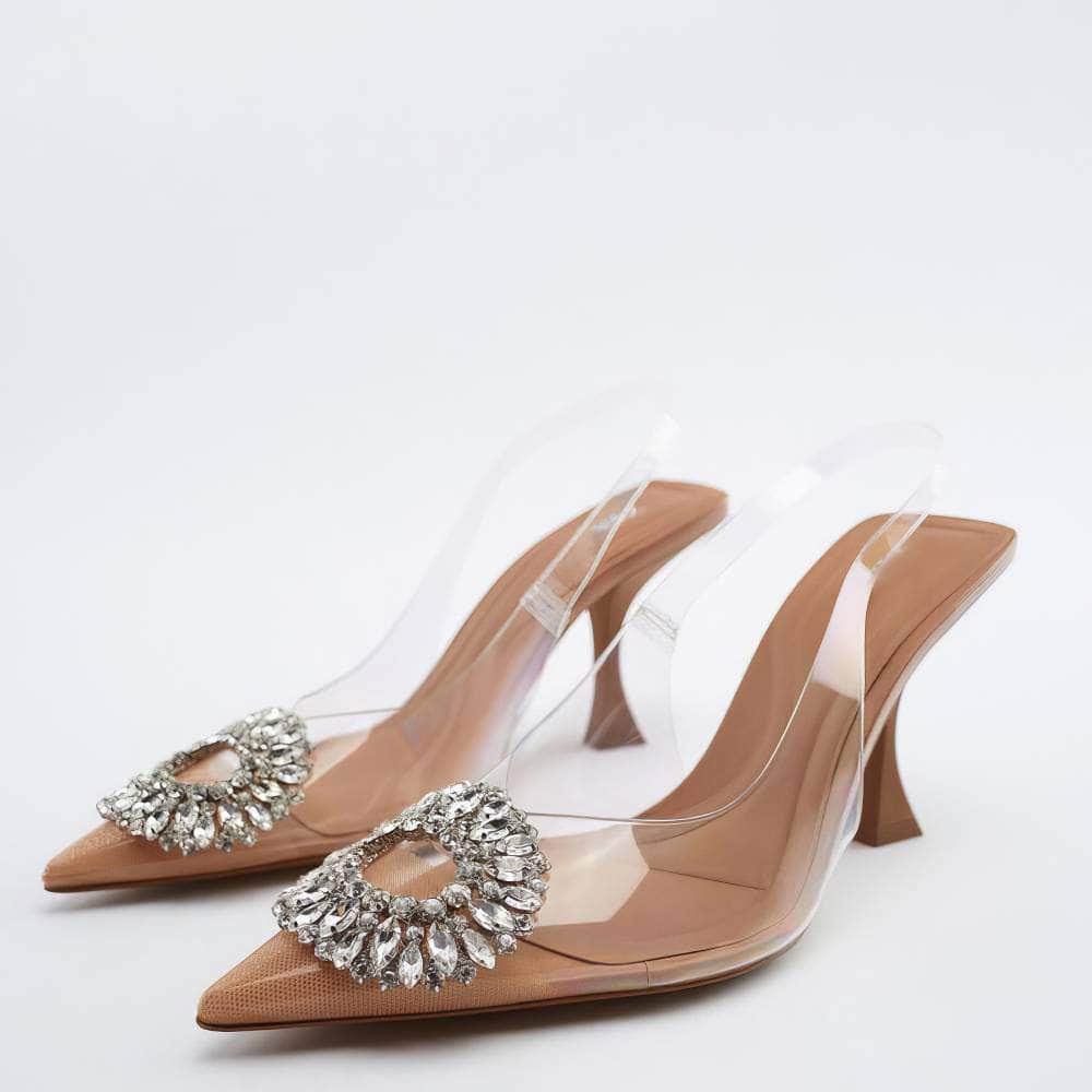 Crystal Embellished Pointy Toes Ankle Strap Heels EU 34 / Brown / 7.5CM