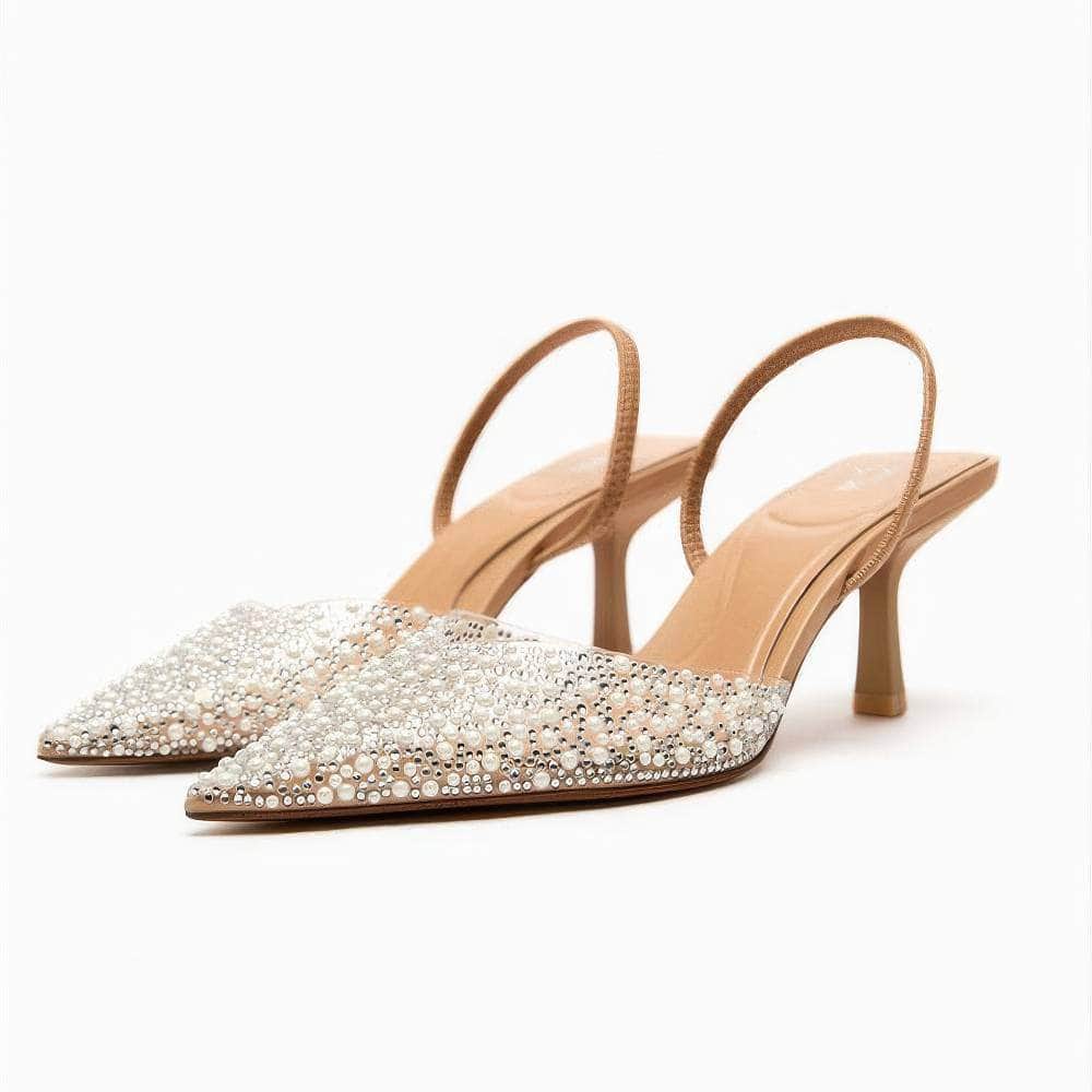 Crystal Pearl Embellished Slingback Sandal Heels EU 34 / Ivory