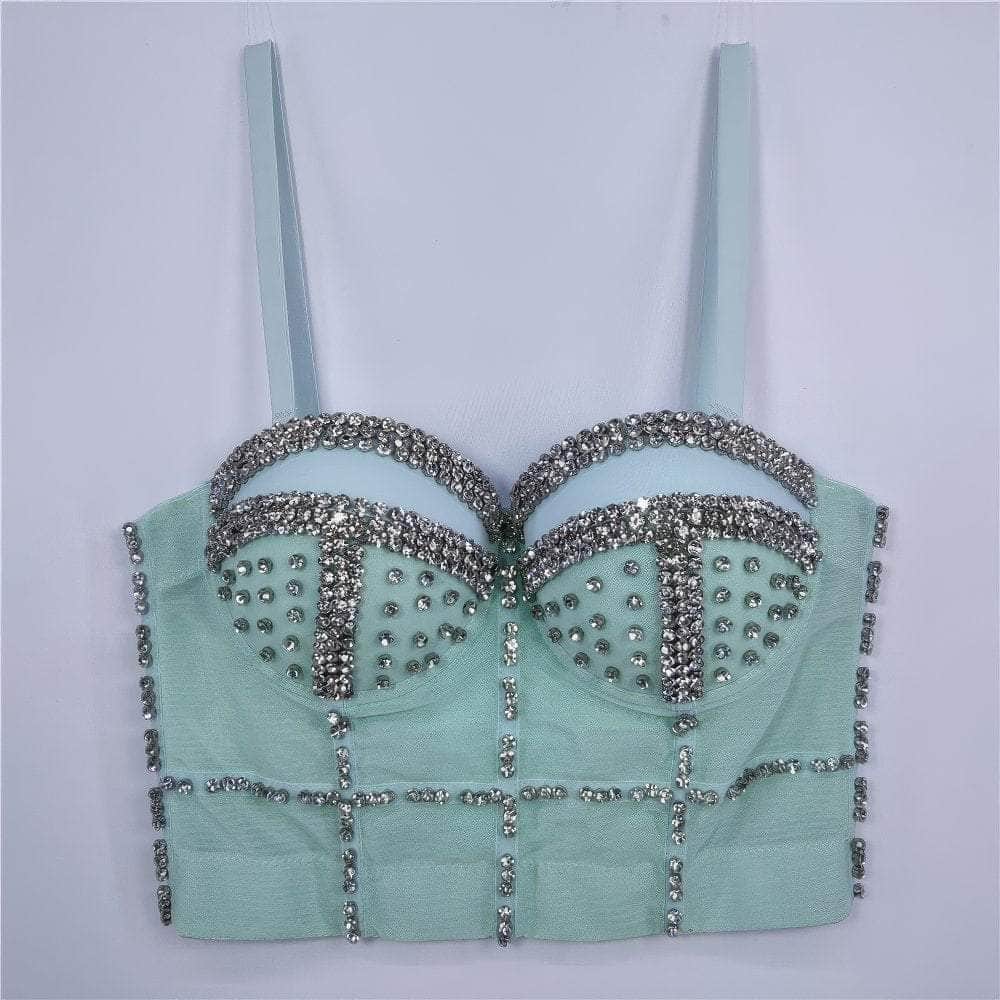 Crystal Rhinestone Decorated Cami Bustier Bralette S / Green