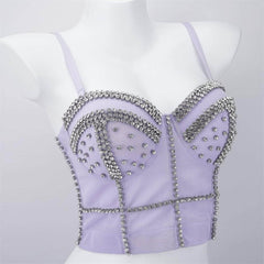 Crystal Rhinestone Decorated Cami Bustier Bralette S / Purple