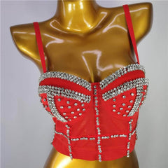 Crystal Rhinestone Decorated Cami Bustier Bralette S / Red