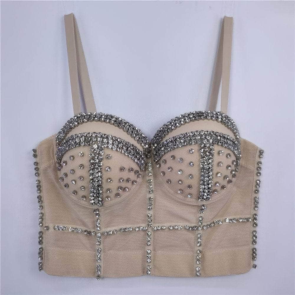 Crystal Rhinestone Decorated Cami Bustier Bralette S / Tan