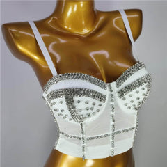 Crystal Rhinestone Decorated Cami Bustier Bralette S / White