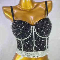 Crystal Rhinestone-Encrusted Beaded Bralette S / Black