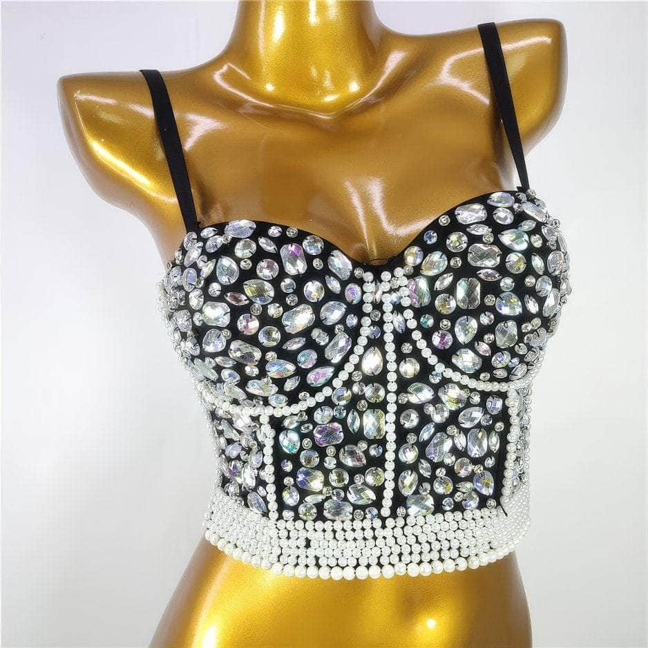 Crystal Rhinestone-Encrusted Beaded Bralette S / White