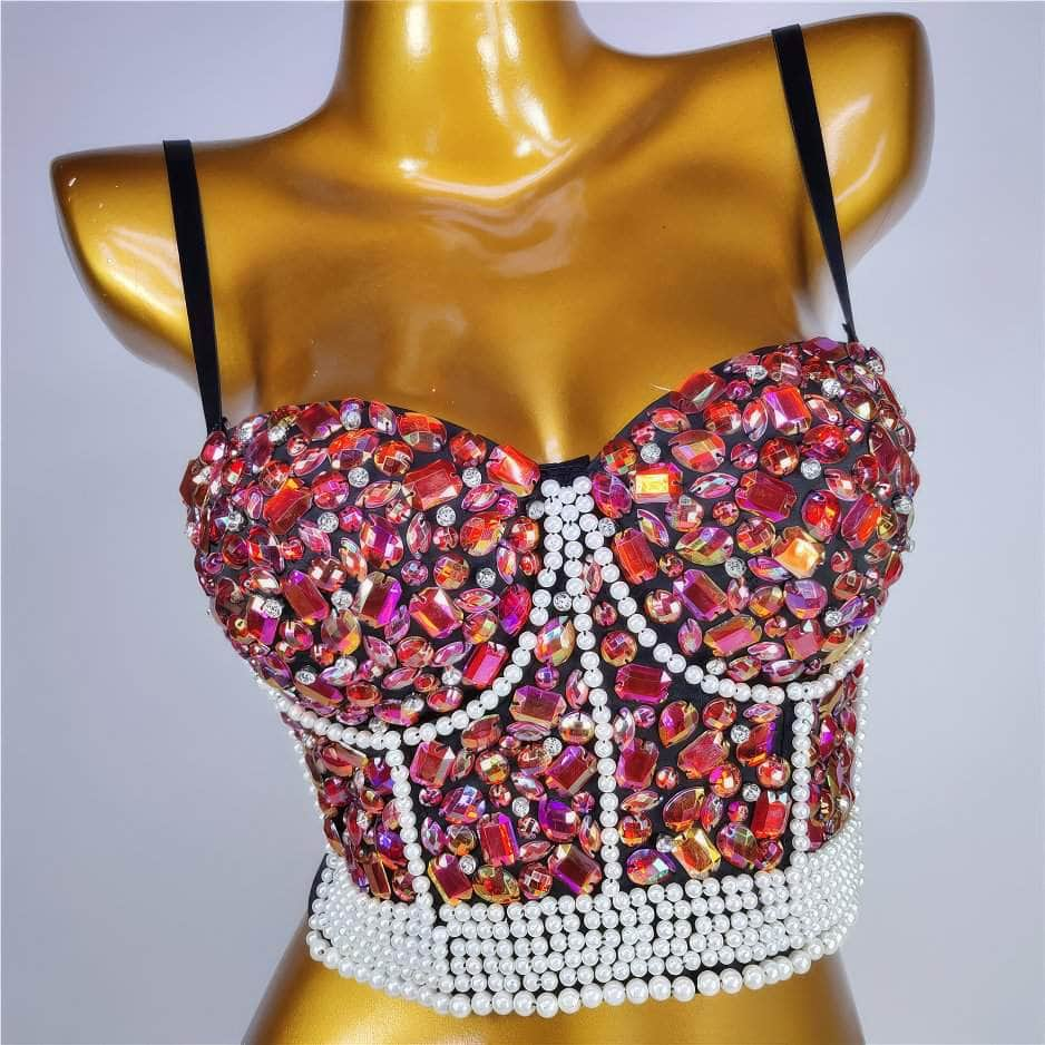 Crystal Rhinestone Pearl Bead Bustier Bralette