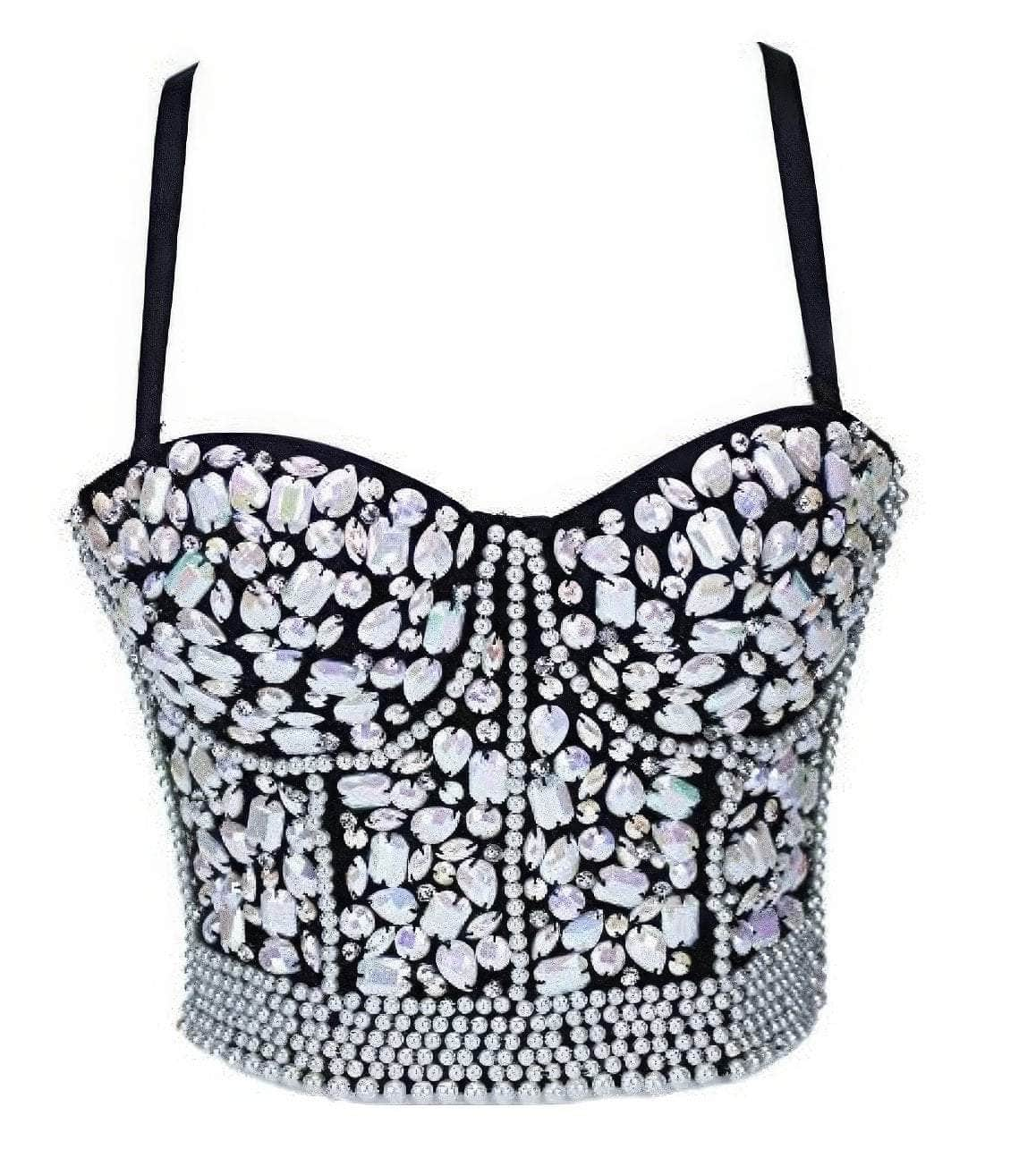 Crystal Rhinestone Pearl Bead Bustier Bralette S / Black