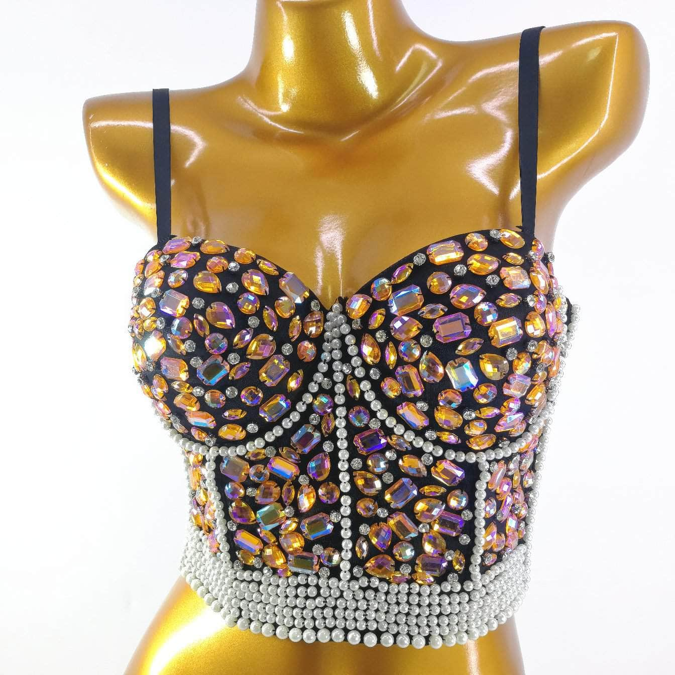 Crystal Rhinestone Pearl Bead Bustier Bralette S / Orange