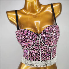 Crystal Rhinestone Pearl Bead Bustier Bralette S / Pink