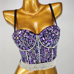 Crystal Rhinestone Pearl Bead Bustier Bralette S / Purple