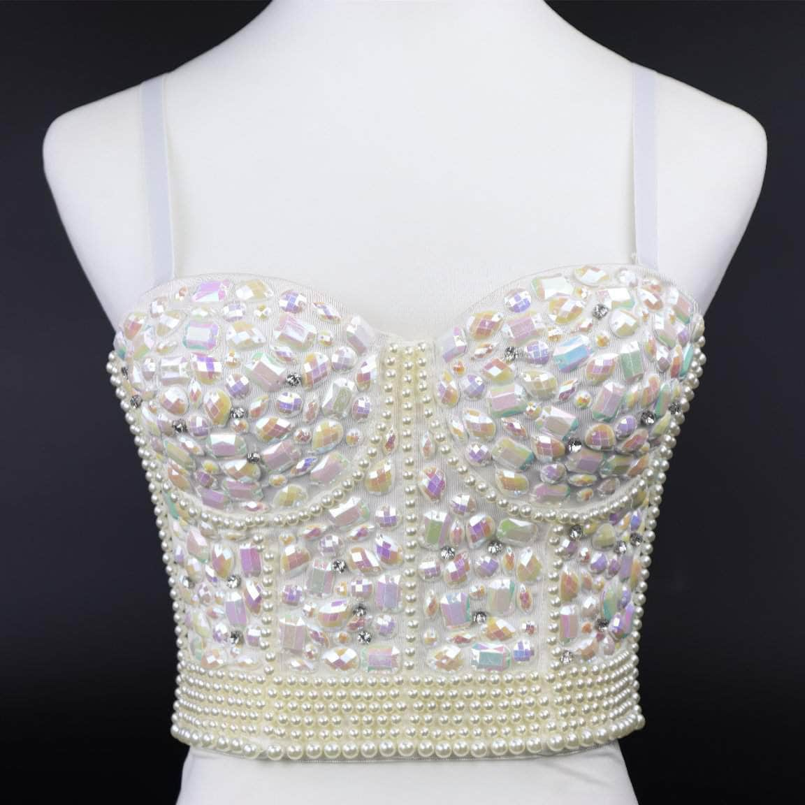 Crystal Rhinestone Pearl Bead Bustier Bralette S / White