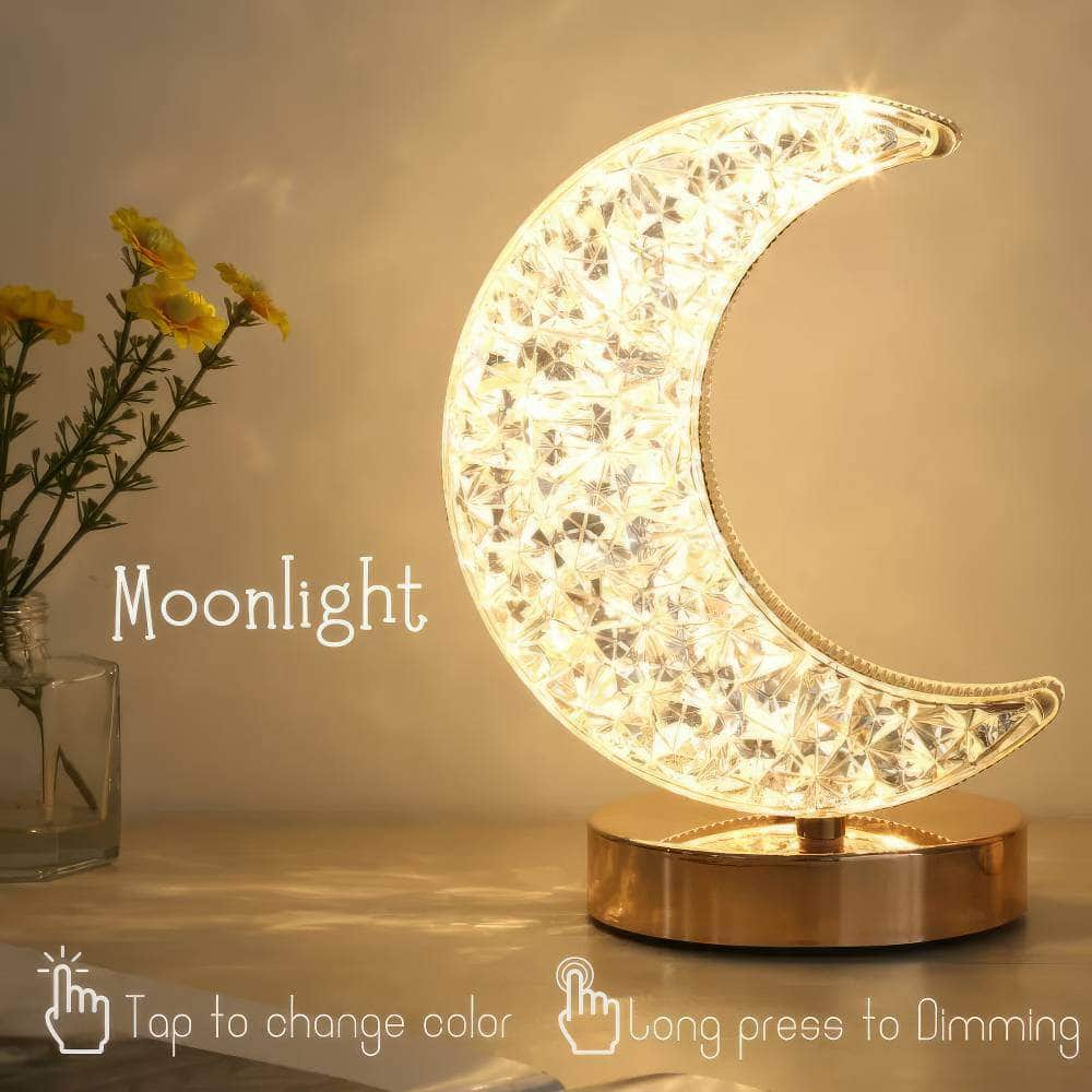 Crystal Touch Dimming Night Light: Bedroom, Girls Room Decor, USB Bedside LED Ambient Table Lamp - 3D Moon Lamp Gold