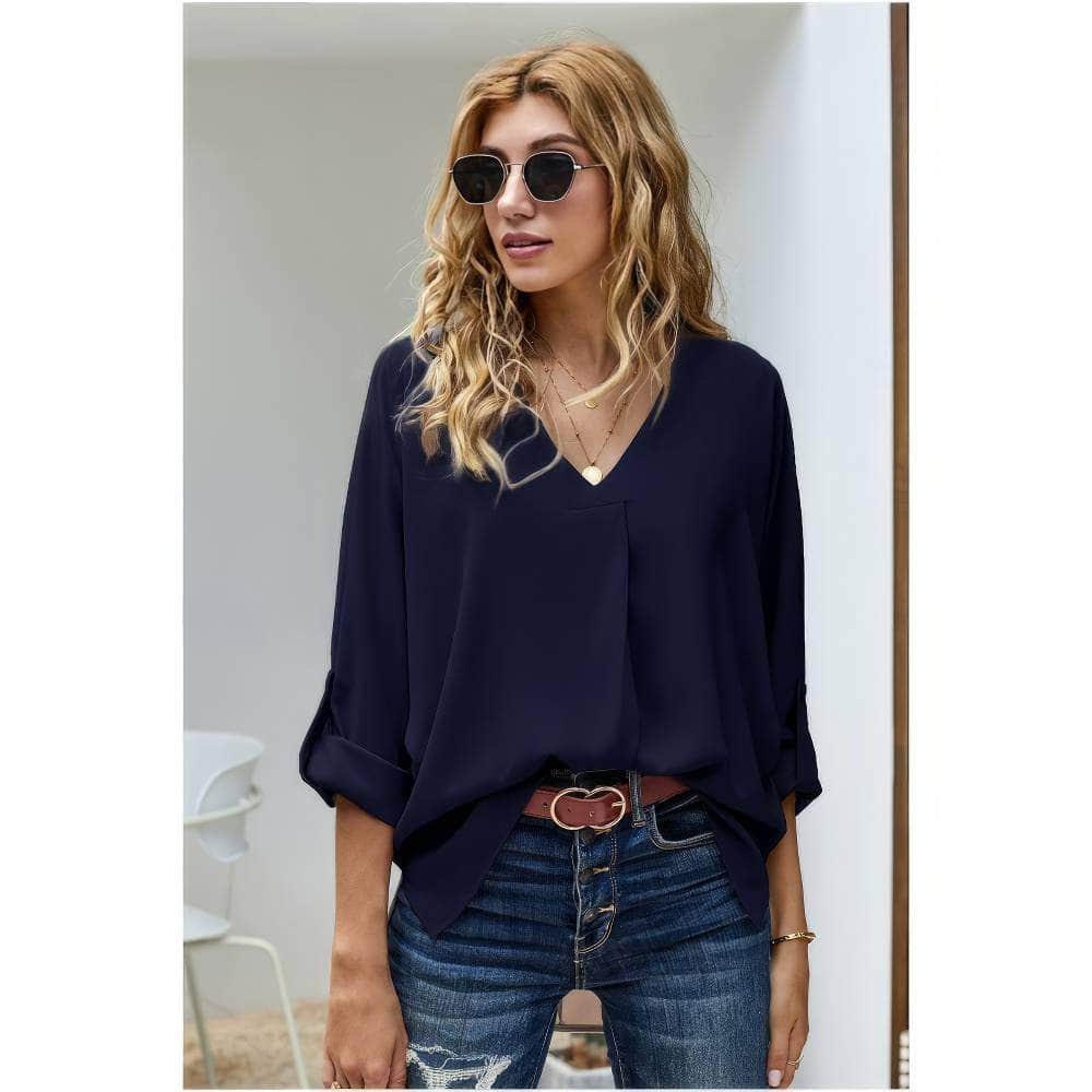 Cuffed Long Sleeves V-Neck Casual Shirt